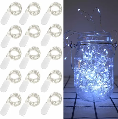 Vista 10 de Paquete de 15 luces de hadas que funcionan con pilas, 6.6 pies, 20 luces LED de tarro de masón, alambre plateado, impermeable, luciérnaga, mini