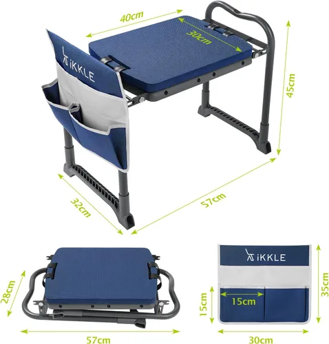 Vista 2 de ikkle Taburete de jardín y asiento de jardinería, banco de jardinería plegable con almohadilla de rodillas desmontable más gruesa y bolsas