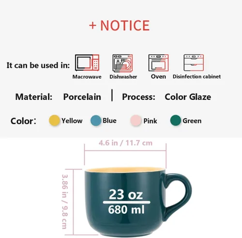 Vista 3 de TeenFighter Taza grande de porcelana de avena - 23 onzas (680mL) Taza de café ancha, taza para el desayuno y tazón de sopa, apta para microondas
