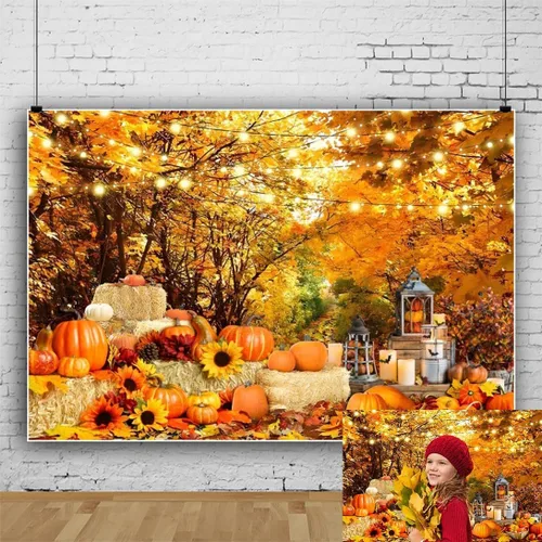 Vista 12 de Telón de fondo de paisaje de bosque otoñal para fotografía, paisaje de otoño, hojas de día de Acción de Gracias, calabaza, girasol, fondo