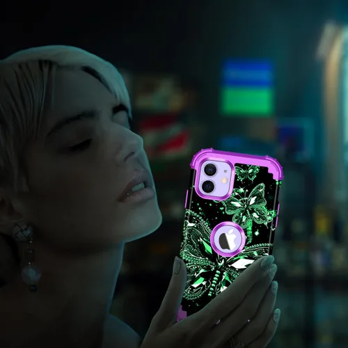 Vista 7 de Miqala Funda para iPhone 12, iPhone 12 Pro, que brilla en la oscuridad, tres capas, resistente a los golpes, protección de plástico duro + funda