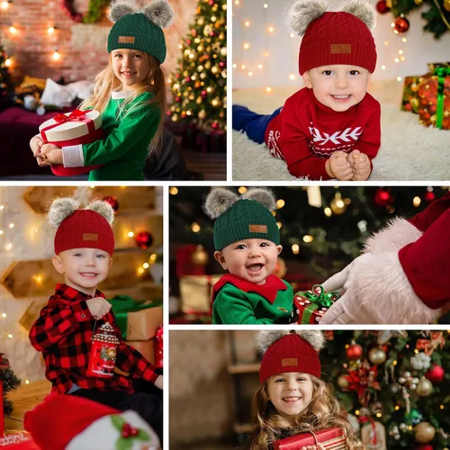 Vista 6 de Century Star Gorro de Navidad para bebé, niña, gorro de Navidad, lindo gorro de Papá Noel, gorro de invierno cálido con pompón