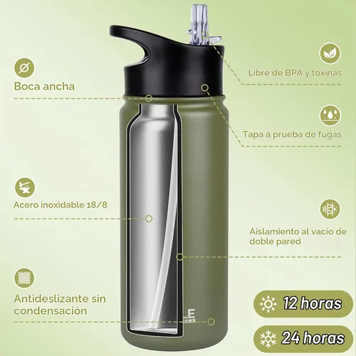 Vista 2 de HASLE OUTFITTERS Botella de agua aislada de 16 onzas para niños, botella de agua de acero inoxidable de doble pared al vacío, a prueba de fugas