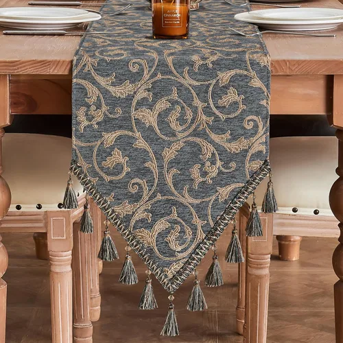 Vista 9 de Loom and Mill - Camino de mesa de damasco elegante y lujoso, 72 pulgadas de largo, color beige Jacquard Table Runners with Handmade Multi-Tassels