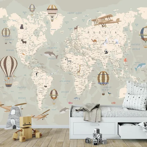 Vista 12 de Papel tapiz de mapa del mundo para niños con animales, calcomanías educativas para despegar y pegar, murales de guardería para bebés, niños
