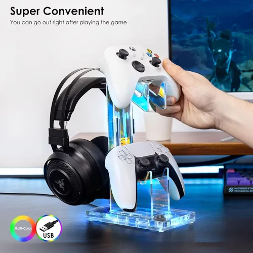 Vista 65 de OAPRIRE Headset and Controller Stand with Lights, 2 Tier Acrylic Game Controller Holder, Controller and Headset Stand for Desktop,Universal Design