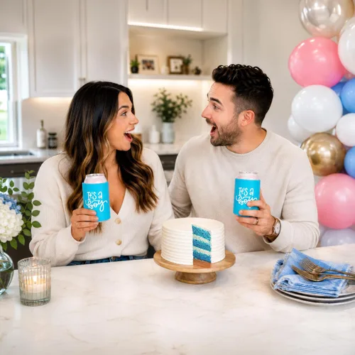 Vista 3 de Pink Palm Co. IT'S A BOY - Juego de enfriadores de latas – Fundas para baby shower y revelación de género – Enfriadores de latas de cerveza