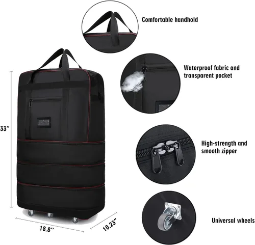 Vista 3 de ELDA Maleta plegable expandible con ruedas universales bolsa de viaje rodante bolsa de lona para hombres y mujeres equipaje ligero de gran capacidad