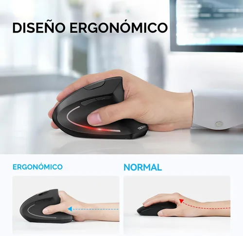 Vista 6 de TECKNET Ratón Ergonómico, Ratón Vertical Inalámbrico Bluetooth, Seguimiento Óptico 4800 DPI, 6 DPI Ajustables, Clics Silenciosos, 2.4GHz