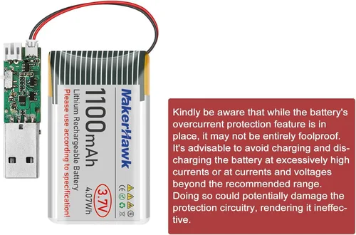 Vista 4 de MakerHawk Batería LiPo de 3.7 V 1100 mAh recargable 1S 102540 Batería de polímero de litio con placa de protección cinta de goma aislada, enchufe