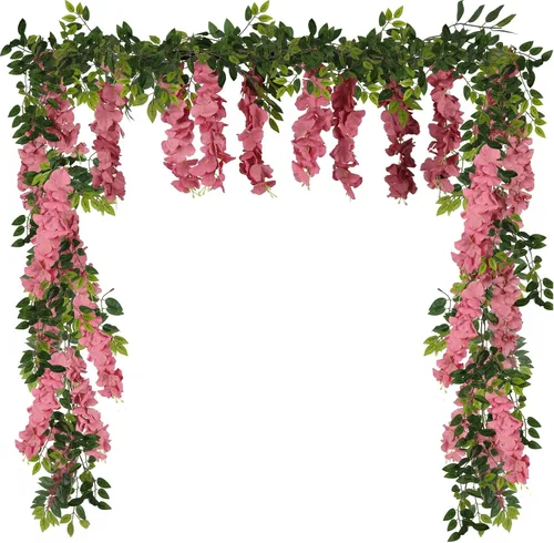 Vista 10 de Flores artificiales de seda, guirnalda de glicina de seda, 2 unidades, 5.91 pies, enredaderas de glicina falsas, champán, glicina artificial, vid
