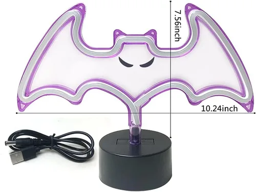 Vista 5 de Letrero de neón con forma de murciélago morado, luz de murciélago espeluznante de Halloween con patrón, lampara decorativa de mesa