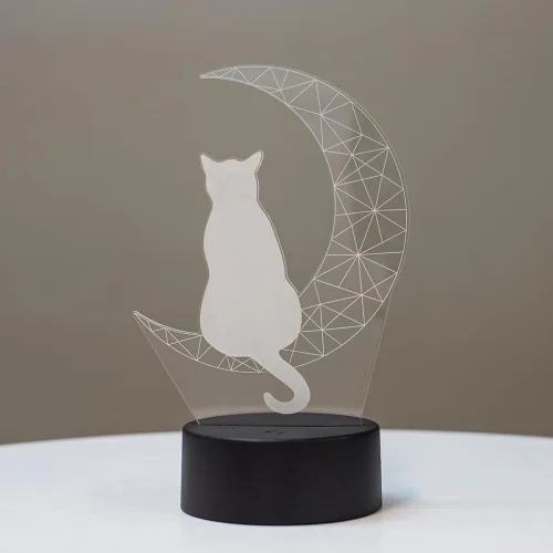 Vista 3 de EXIGENT Lámpara LED 3D Luna Gato Lámpara Acrílico Ilusión Noche Intermitente Fresco (Moon_Cat)