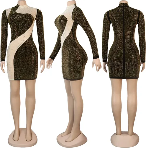 Vista 5 de PORRCEY - Vestido de noche sexy con manga larga y diamantes de imitación para mujer, fiestas y discotecas