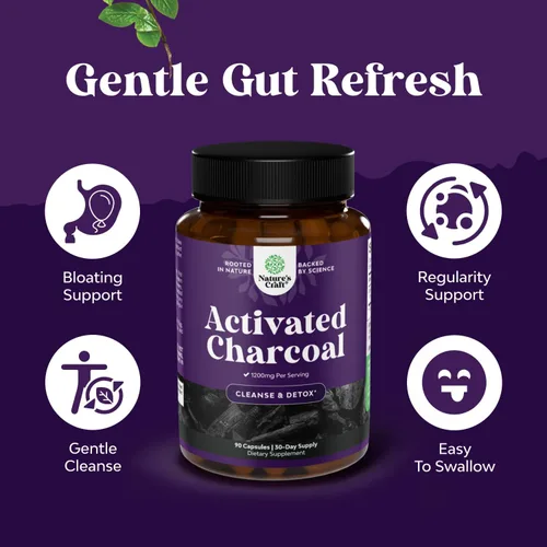 Vista 4 de Natures Craft Píldoras de carbón activado, desintoxicación y limpieza, cápsulas purificadoras de coco con 1200 mg por porción para aliviar
