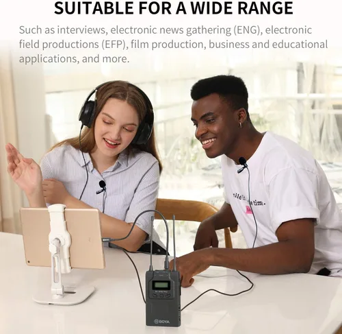Vista 3 de BOYA Micrófono Lavalier inalámbrico dual Smartphone, sistema de doble canal 2 transmisor y 1 receptor para grabadora de cámara réflex digital iPhone