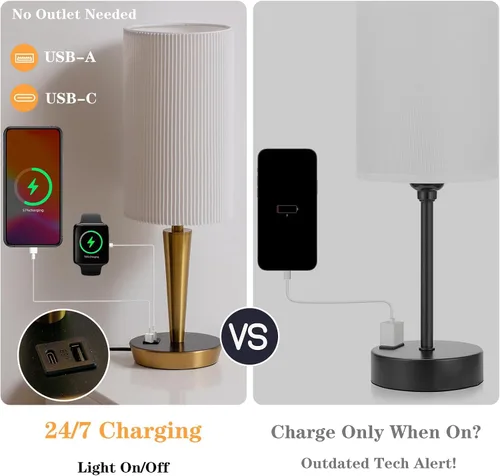 Vista 4 de MODIVO Lámpara de mesita de noche con carga USB-C/A y control táctil, diseño de acabado de color bronce de 17 pulgadas y pantalla ondulada de doble