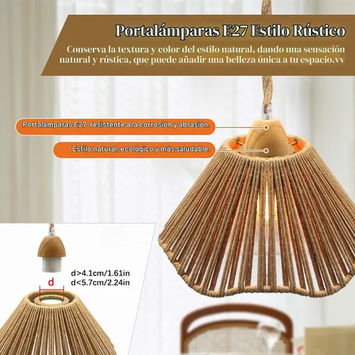 Vista 3 de Luces colgantes rústicas de granja con cable enchufable, cable de cuerda de cáñamo trenzada de 16.7 pies, pantalla tejida de cáñamo de 23x10 cm