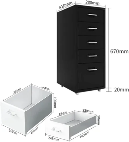 Vista 2 de Archivador delgado con cerradura, archivador móvil de metal de 5 cajones para tamaño legal/carta/A4, gabinete de almacenamiento de oficina