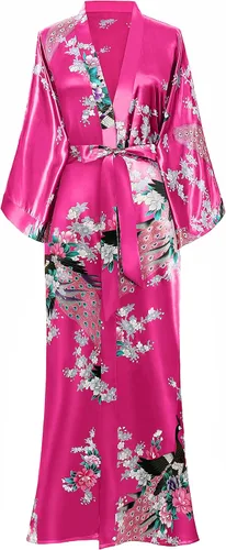 Vista 15 de BABEYOND Bata tipo kimono para mujer, bata larga de satén con estampado de pavo real y flores Verde