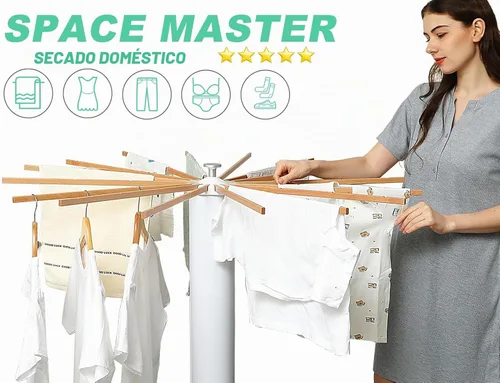 Vista 2 de Estante de secado de ropa con trípode cilíndrico, 16 varillas expandibles, estante de secado de pulpo de pie, maestro de ahorro de espacio, compacto