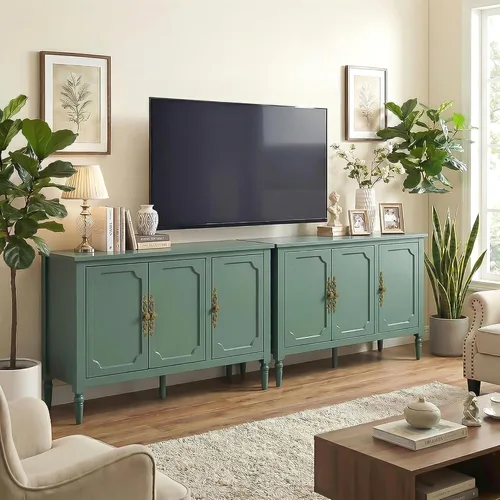 Vista 10 de RoyalCraft Armario buffet con almacenamiento, aparador moderno de mediados de siglo con 3 puertas, mesa de café pintada con estantes ajustables