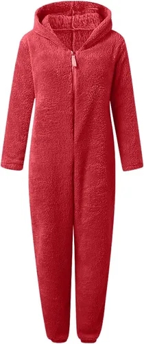 Vista 4 de Enterizo de una pieza para mujer, cómodo pijama de sherpa peluda con capucha para la familia, con cremallera, otoño e invierno