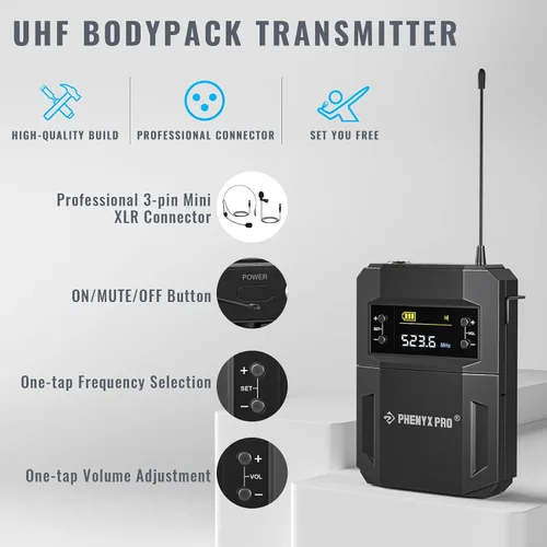 Vista 3 de Phenyx Pro Sistema de micrófono inalámbrico, juego de micrófono inalámbrico de 4 canales con 4 bodypacks y auriculares/micrófonos de solapa