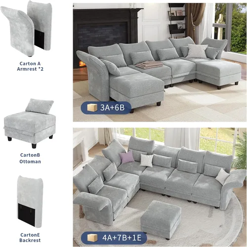 Vista 8 de LLappuil Sofá modular de 14 plazas de 179 pulgadas de ancho de felpilla en forma de U gris para sala de estar con diván reversible y otomana