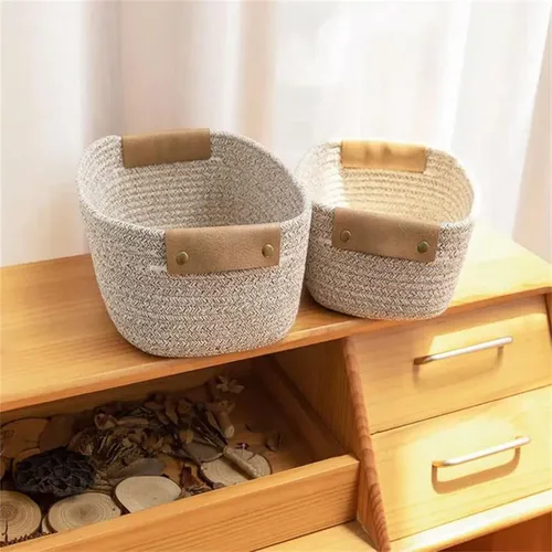 Vista 5 de Cesta de cuerda en espiral de algodón con asas, cesta tejida para almacenamiento de guardería, cesta de almacenamiento decorativa, cesta de toalla