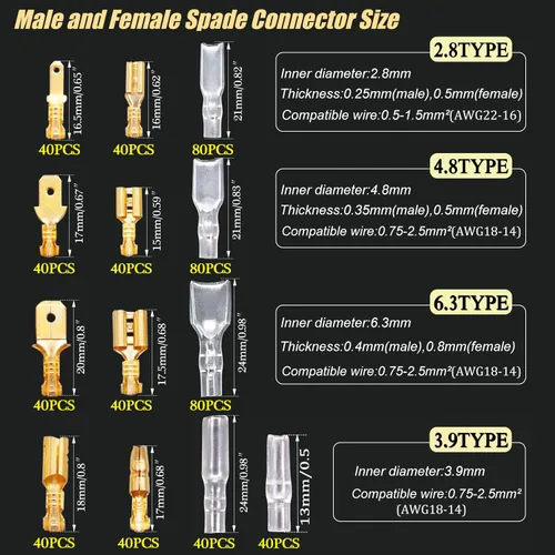 Vista 2 de Twidec/640 piezas 2.8/4.8/6.3mm Conectores de Terminal de Pala de Alambre Macho y Hembra de Empalme Rápido Kit Dorado con Alicates de Prensado