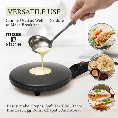 Vista 5 de Moss & Stone Máquina Eléctrica para Crepas – Sartén Portátil para Crepas de 8" Antiadherente con Plato de Inmersión, Apagado Automático, Interruptor
