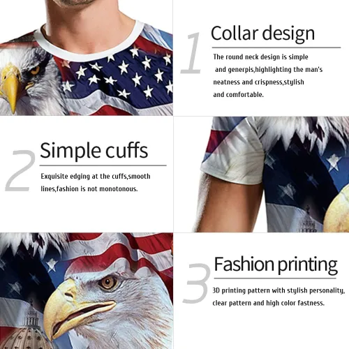 Vista 4 de Camiseta patriótica de manga corta para hombre con la bandera de Estados Unidos de América del 4 de julio, cuello redondo, suave, de verano