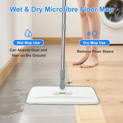 Vista 3 de wlich Trapeador de microfibra para limpieza de suelos, mopa plana extensible de 55 pulgadas con 4 almohadillas lavables reutilizables, 1 gancho, 1