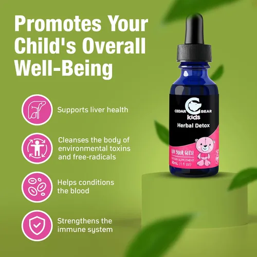 Vista 2 de Cedar Bear Herbal Detox for Kids es un suplemento herbario líquido que ayuda al sistema inmunológico y protege los órganos que a menudo se ven