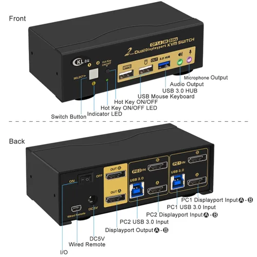 Vista 5 de Conmutador KVM de 2 puertos USB 3.0 de doble monitor Displayport 1.4 8K@30Hz 4K@144Hz, puerto de visualización Conmutador KVM 2 monitores con audio