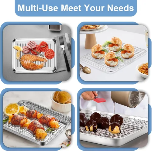 Vista 5 de TeamFar Molde para horno tostador con rejilla de enfriamiento, mini bandeja de acero inoxidable para horno tostador compacto, 9 pulgadas, fondo