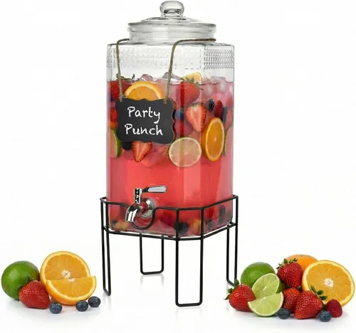 Vista 10 de Dispensador de bebidas, dispensadores de bebidas para fiestas, dispensador de bebidas de vidrio de 1 galón con soporte y tapa de vidrio, grifo 100%
