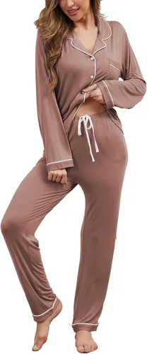 Vista 20 de Juego de pijama con botones para mujer, de manga larga, ropa de dormir suave, conjunto de ropa de descanso, tallas XS-XXL bean paste