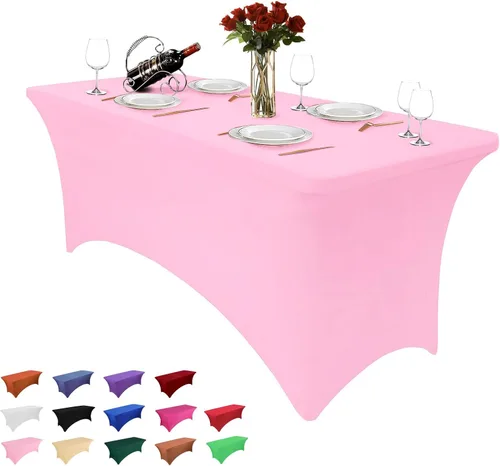 Vista 19 de Paquete de 2 manteles rectangulares de 4 pies para manteles rectangulares color gris azulado, elásticos, manteles de elastano para eventos