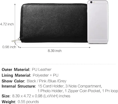 Vista 4 de CLUCI Cartera de mujer grande de cuero diseñador cremallera alrededor titular de la tarjeta de viaje embrague muñeca negro paquetes con mujer cuero