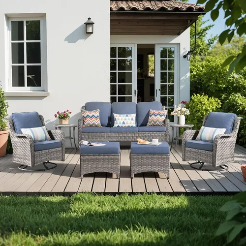 Vista 32 de Juego de muebles de exterior para patio, silla y sofá (ratán marrón, beige, 3 piezas)