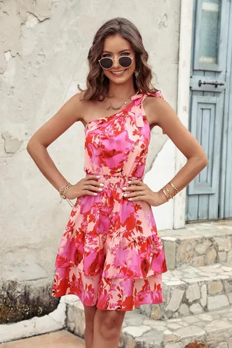 Vista 8 de PRETTYGARDEN - Vestido de verano para mujer, con lazo y un hombro, bohemio, floral, cintura elástica, volantes, línea A, con volantes, mini vestidos