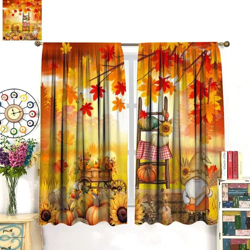 Vista 3 de Cortinas de calabaza enana de otoño, decoración del hogar de Acción de Gracias en otoño, patrón de hojas de arce y girasol, 42 pulgadas de ancho x