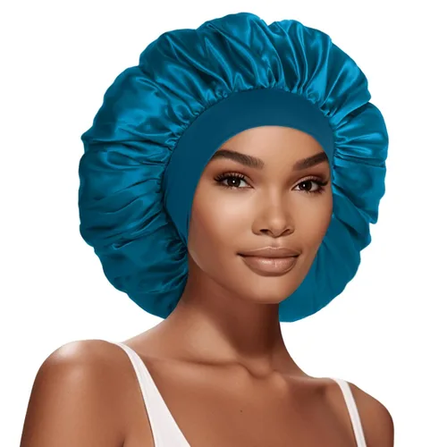 Vista 10 de 2 piezas de gorros de satén extra grandes para dormir de 17 pulgadas, gorro de seda jumbo para mujeres (negro y morado)