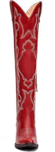 Vista 3 de SO SIMPOK Botas altas bordadas hasta la rodilla para mujer, botas vaqueras de tacón grueso para mujer, botas vaqueras occidentales