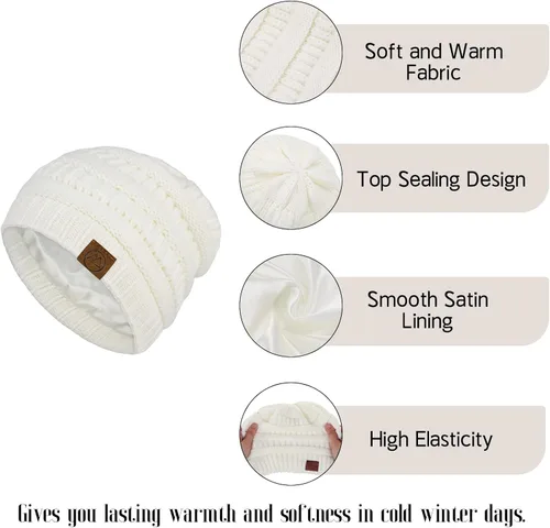 Vista 3 de Gorros de invierno con forro de satén para mujer, gorro de invierno para mujer, con forro de seda, gorro holgado para invierno, gorro de punto