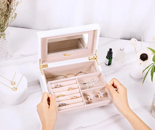 Vista 7 de Voova Joyero organizador de madera para mujeres y adolescentes y niñas, estuche de joyería de madera de pintura de piano de lujo con espejo, cajas