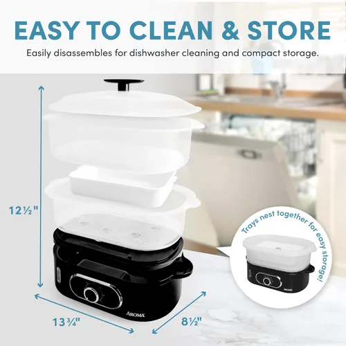 Vista 6 de AROMA® Cesta de vapor de alimentos doble y vaporizador eléctrico de arroz con nivel de agua de fácil lectura y temporizador