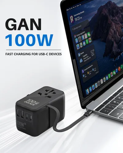 Vista 2 de DOACE - Adaptador de viaje universal GaN de 100 W con cable USB-C 6-in-1 Design, USB-C PD Fast Charging, European Plug Adapter Works in 200+